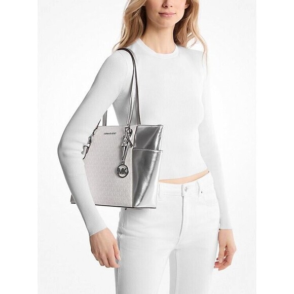 New Michael Kors Charlotte Large Signature Logo and Metallic Tote Bag Silver - Picture 2 of 3